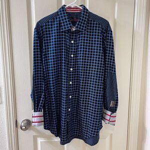Robert Graham Blue Black Check Plaid Button Down Shirt Cotton Flip Cuff Men's XL
